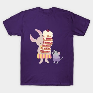 Happy Birthday , greeting card, with a rabbit holding a high cake that almost will fall T-Shirt